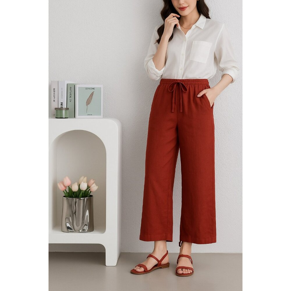 Francesca Mammoliti Red Brick Wide Leg Linen Drawstring Pants Women Sz 14